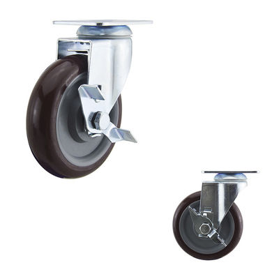 5 Inch Red Polyurethane Soft Wheels Medium Duty Side Locking Swivel Casters Trolley Carts