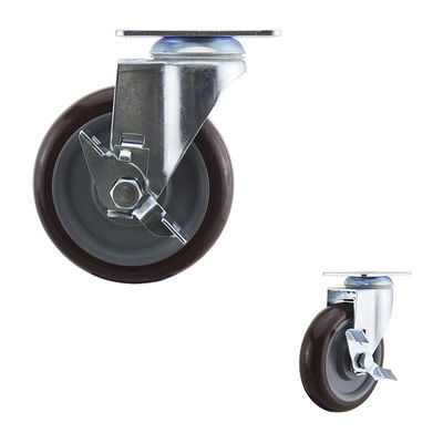 5 Inch Red Polyurethane Soft Wheels Medium Duty Side Locking Swivel Casters Trolley Carts