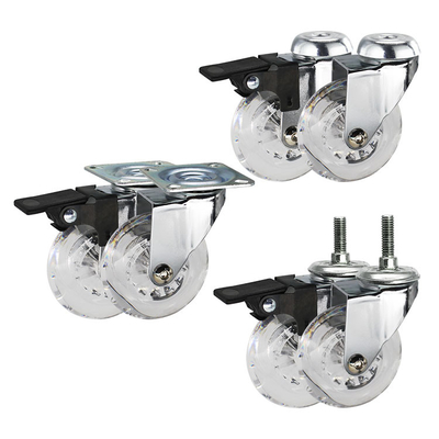 50mm Transparent Furniture Casters For Threaded Stem Chrome Painted Soft Castors Swivel With Lock